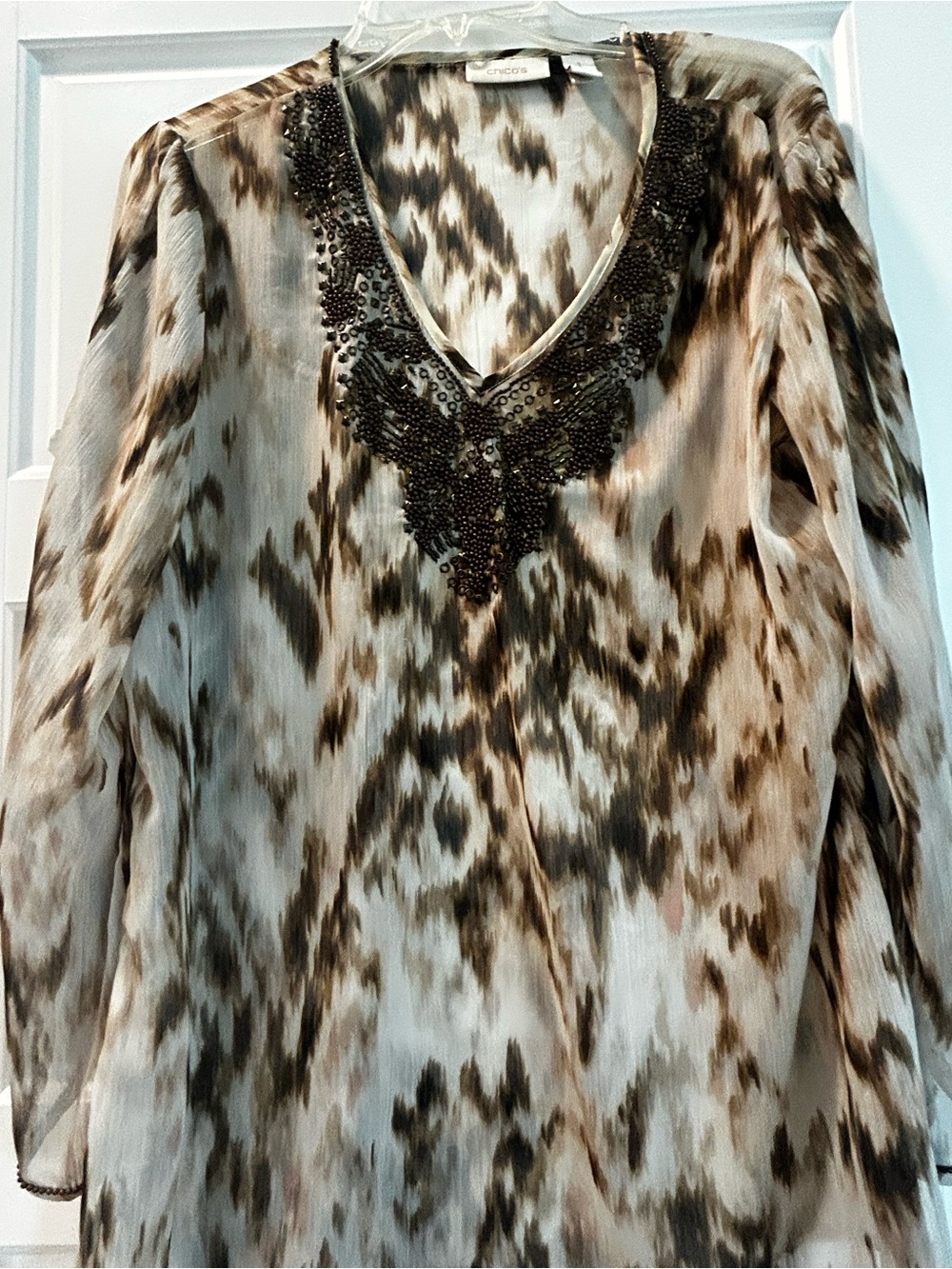 Brown Patterned V-Neck Beaded Blouse with camisole